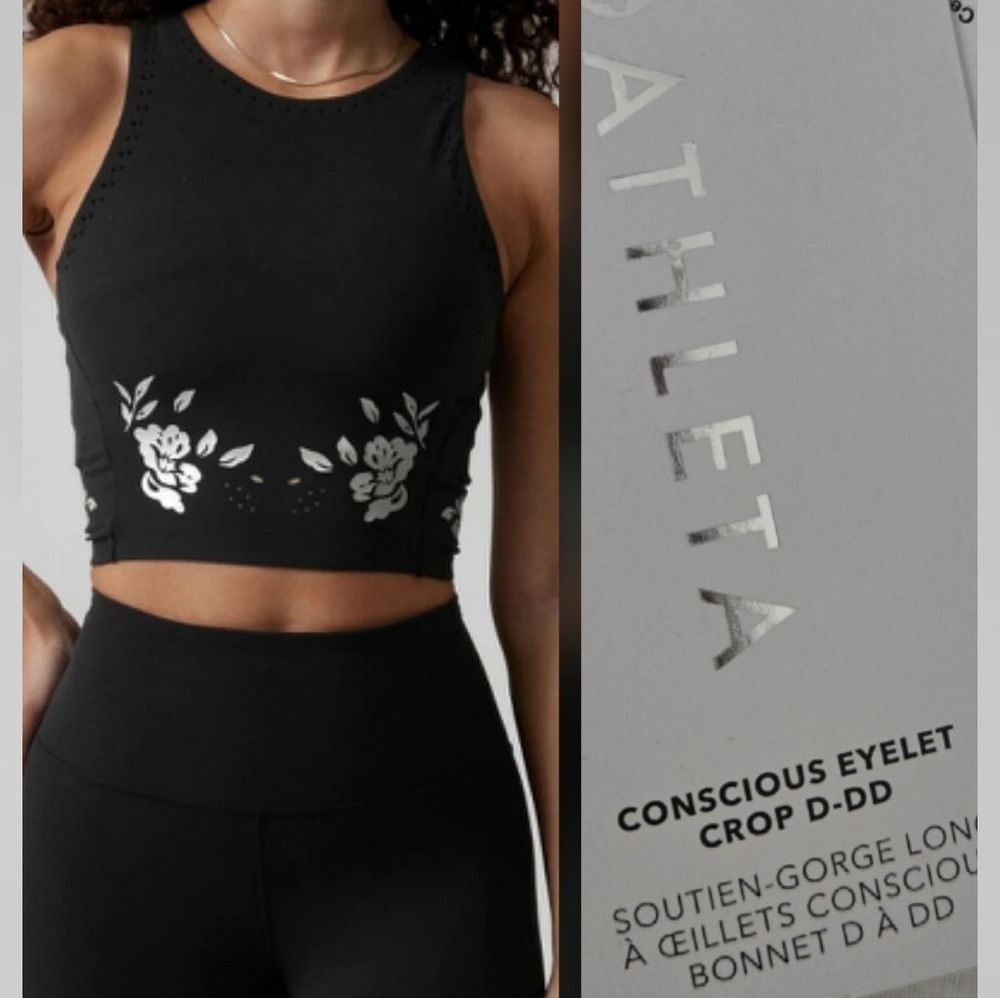 NWT Athleta Black Floral Eyelet Crop Top Size Small C - DD